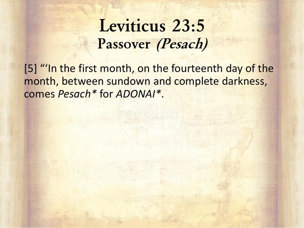 Leviticus 23:5 
Passover (Pesach) 
[5] '"In the first month, on the fourteenth day of the 
month, between sundown and complete darkness, 
comes Pesach* for ADONAI*. 
